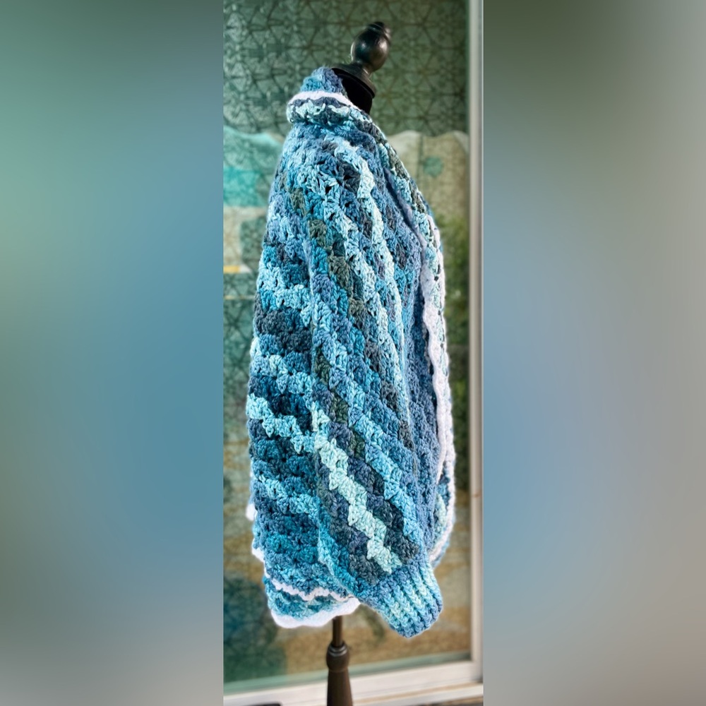 Shades of Blue Handmade Crochet Cocoon Open Front Sweater. NOWT
